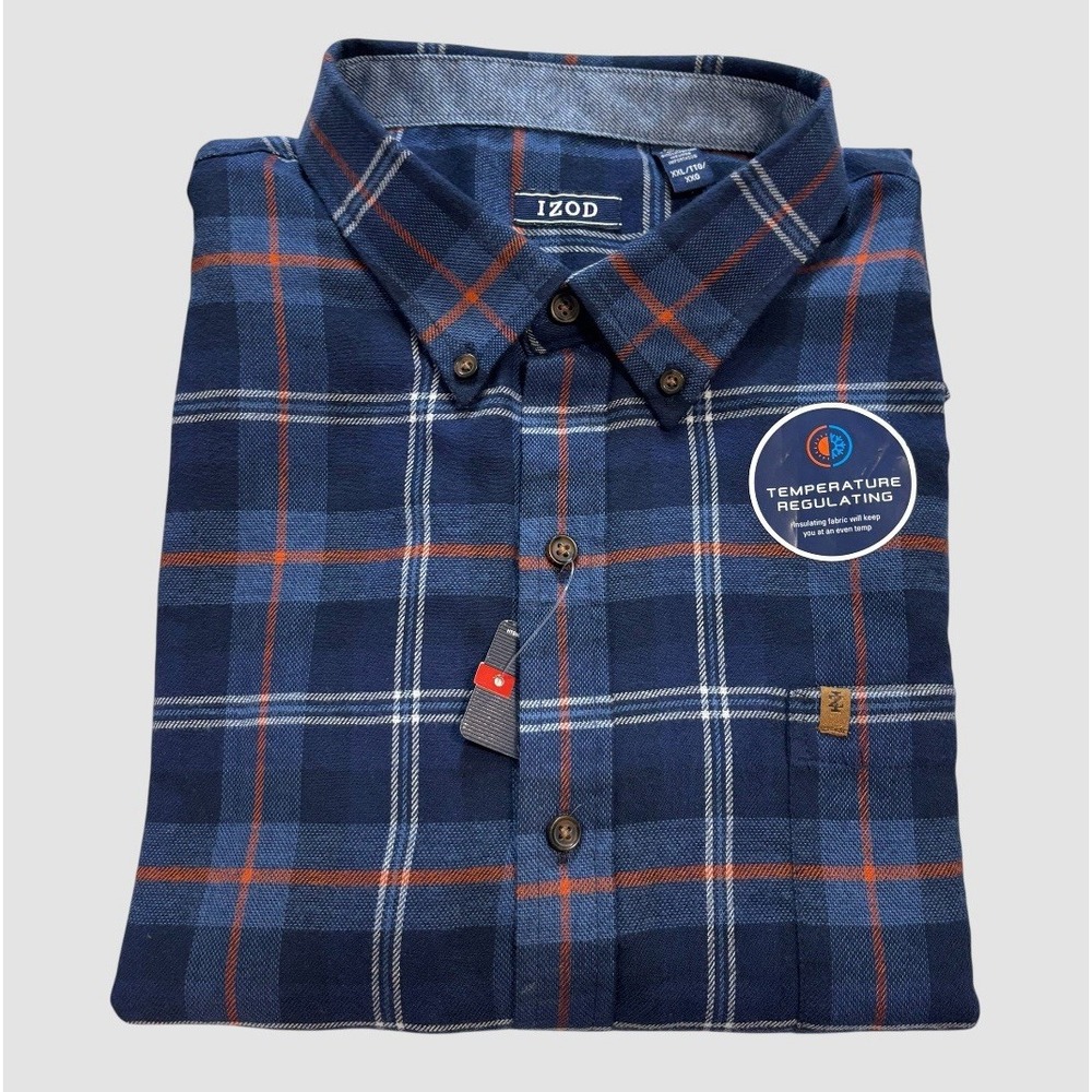 NEW Izod Men's 2XL Blue Plaid Flannel Long Sleeve Shirt